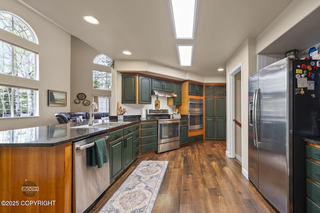 kitchen featuring appliances with stainless steel finishes, under cabinet range hood, a sink, a peninsula, and plenty of natural light