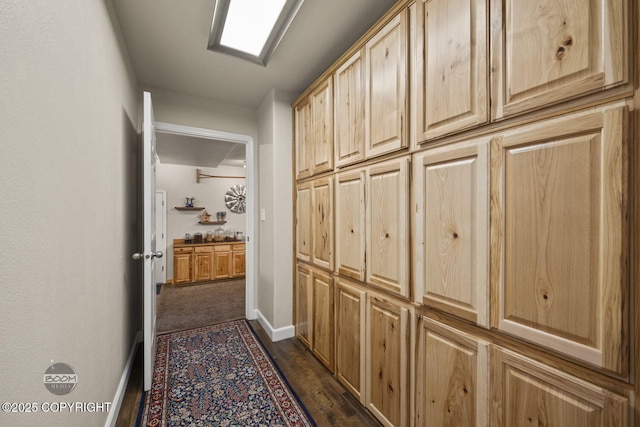 corridor featuring baseboards and dark wood finished floors