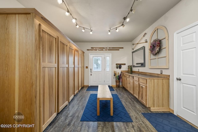mudroom featuring dark wood-style flooring and baseboards