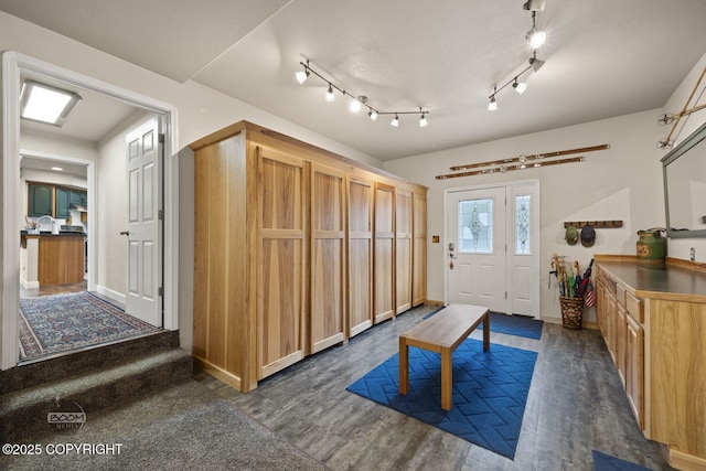 foyer entrance featuring dark wood-style floors and baseboards