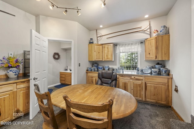 kitchen featuring rail lighting, recessed lighting, dark carpet, and baseboards