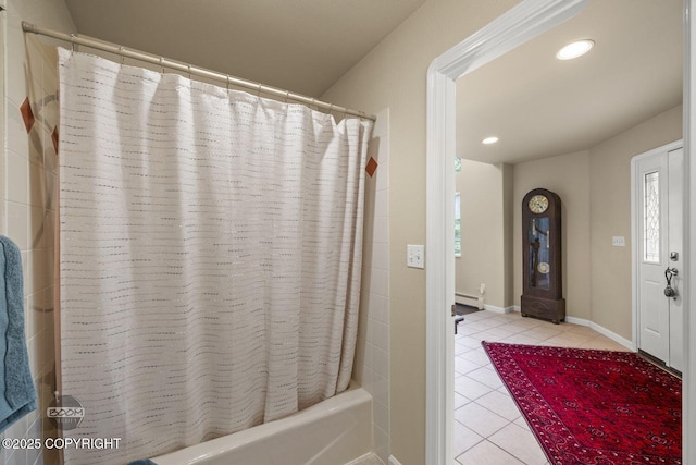 full bathroom with tile patterned flooring, a baseboard radiator, shower / tub combo with curtain, recessed lighting, and baseboards