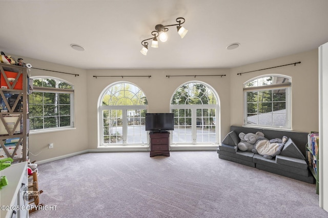 unfurnished living room featuring carpet, healthy amount of natural light, and baseboards