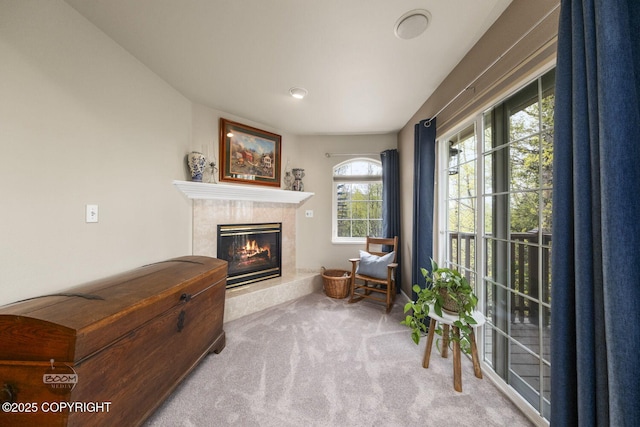 sitting room featuring carpet flooring and a fireplace