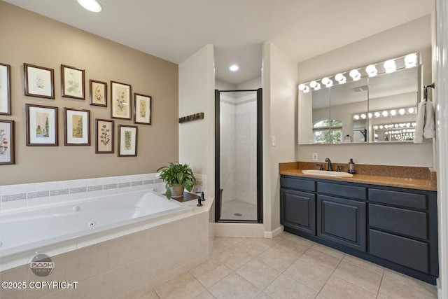 bathroom featuring a shower stall, tile patterned flooring, a bath, vanity, and recessed lighting