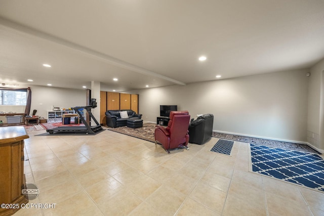 living room with recessed lighting, light tile patterned flooring, and baseboards