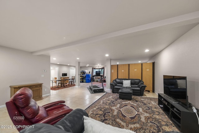 living room featuring recessed lighting, light tile patterned flooring, and baseboards