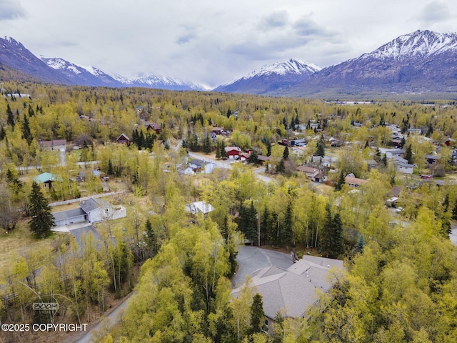 aerial view of property and surrounding area with a forest and a mountainous background