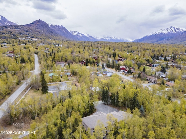 view of property location featuring a heavily wooded area and a mountain backdrop
