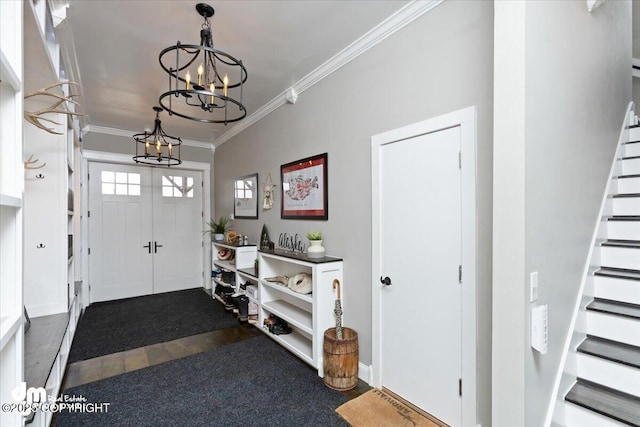 23231 Glacier View Dr, Eagle River, AK 99577 - foyer entrance featuring ornamental molding, a notable chandelier, stairs, and wood finished floors