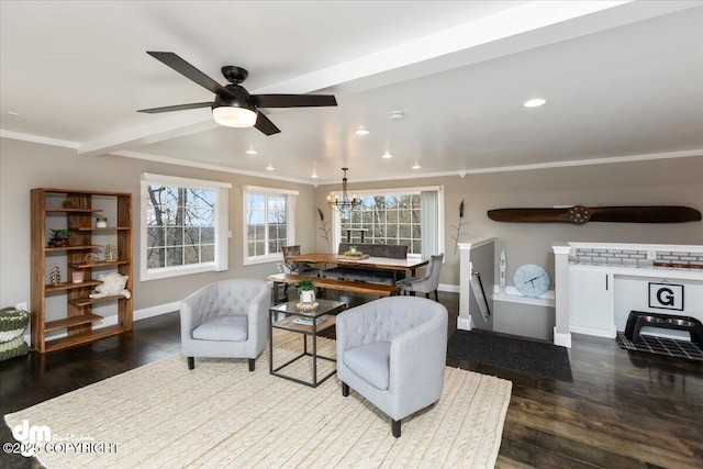 23231 Glacier View Dr, Eagle River, AK 99577 - living area featuring baseboards, wood finished floors, ceiling fan with notable chandelier, and crown molding