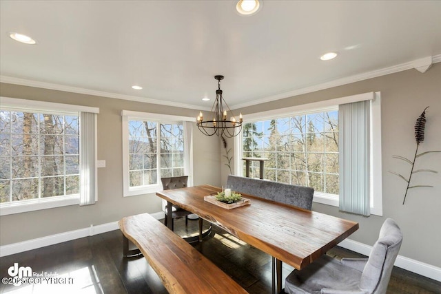 23231 Glacier View Dr, Eagle River, AK 99577 - dining space featuring ornamental molding, recessed lighting, an inviting chandelier, and baseboards
