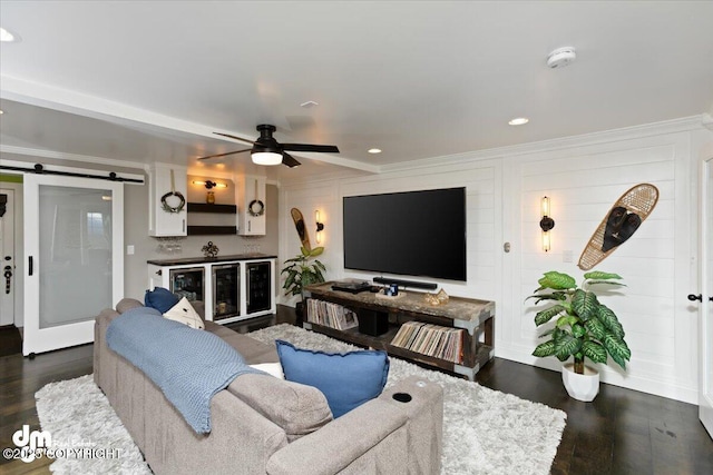 23231 Glacier View Dr, Eagle River, AK 99577 - living area with recessed lighting, wood finished floors, a barn door, ornamental molding, and a ceiling fan