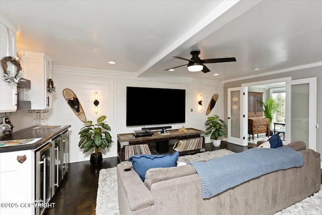 23231 Glacier View Dr, Eagle River, AK 99577 - living area featuring dark wood-type flooring, beamed ceiling, ceiling fan, crown molding, and wine cooler