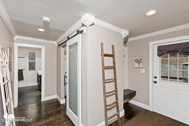 23231 Glacier View Dr, Eagle River, AK 99577 - interior space featuring a barn door, plenty of natural light, baseboards, recessed lighting, and ornamental molding