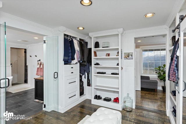 23231 Glacier View Dr, Eagle River, AK 99577 - mudroom featuring dark wood-style flooring, recessed lighting, and crown molding
