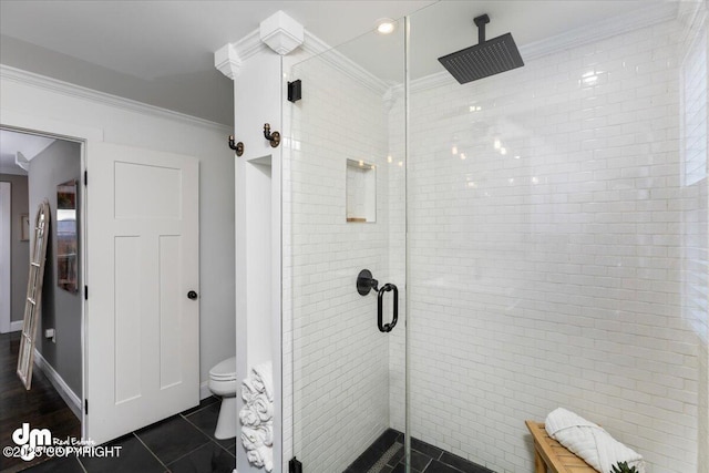 23231 Glacier View Dr, Eagle River, AK 99577 - full bath with crown molding, a stall shower, toilet, and tile patterned floors