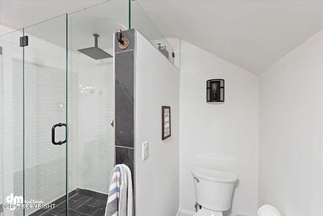 23231 Glacier View Dr, Eagle River, AK 99577 - full bathroom with lofted ceiling, toilet, and a stall shower
