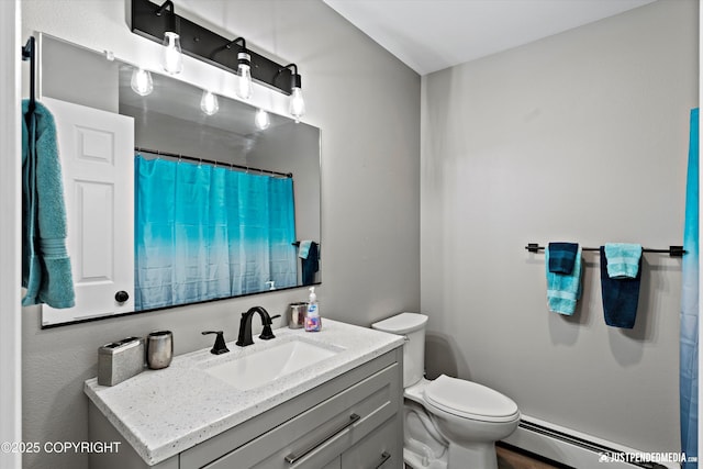 4530 Wright St # 15, Anchorage, AK 99507 - full bath with vanity, a baseboard radiator, curtained shower, and toilet