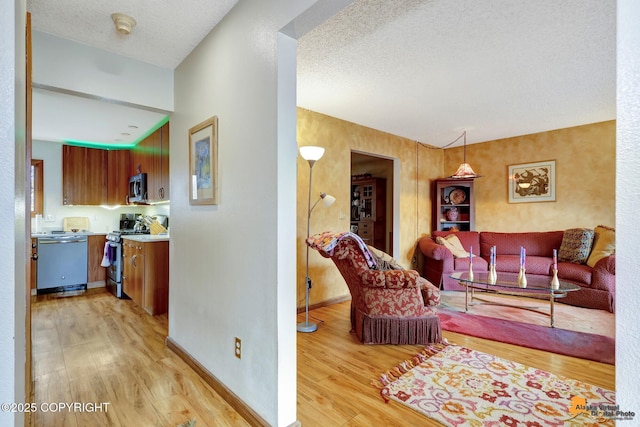 living area featuring baseboards, light wood finished floors, and a textured ceiling