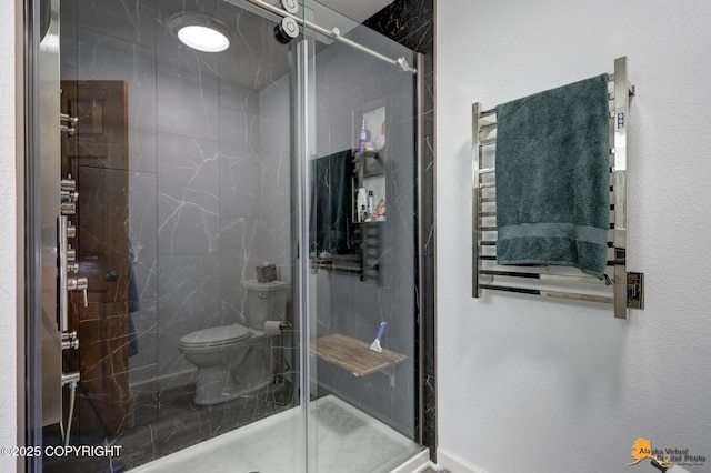 full bath featuring toilet, baseboards, and a shower stall
