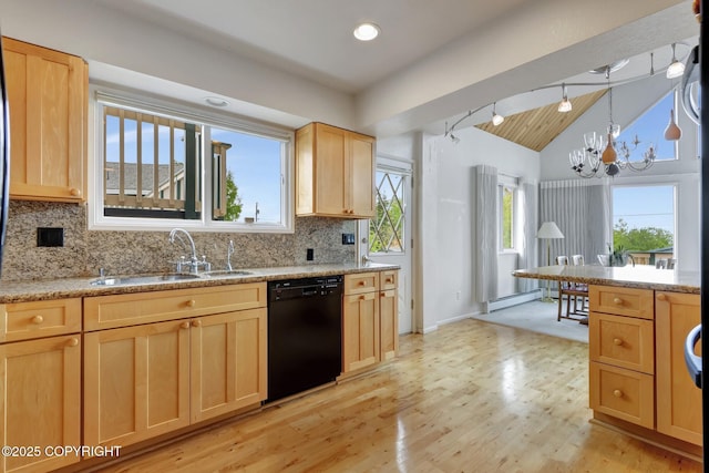 13120 Saunders Rd, Anchorage, AK 99516 - kitchen featuring black dishwasher, a sink, light brown cabinetry, baseboard heating, and a chandelier