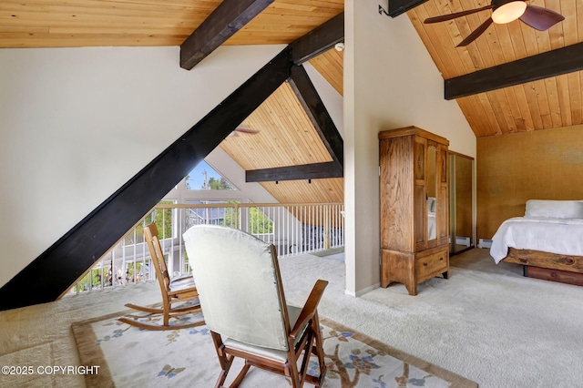 13120 Saunders Rd, Anchorage, AK 99516 - bedroom with wood ceiling with exposed beams, carpet, ceiling fan, and high vaulted ceiling