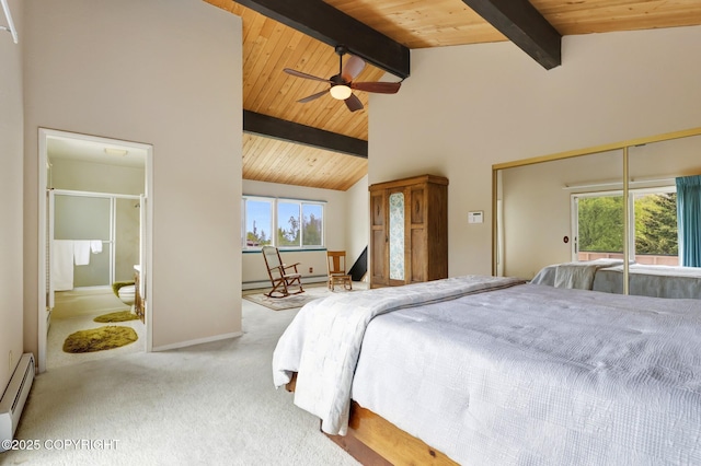 13120 Saunders Rd, Anchorage, AK 99516 - carpeted bedroom with a baseboard radiator, multiple windows, wooden ceiling, baseboards, and ceiling fan