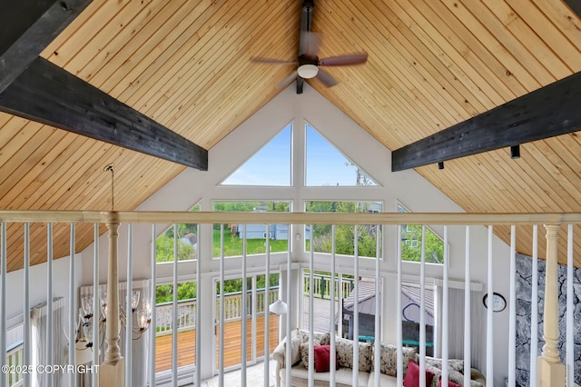 13120 Saunders Rd, Anchorage, AK 99516 - detailed view of wood ceiling with exposed beams and a ceiling fan
