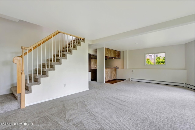 13120 Saunders Rd, Anchorage, AK 99516 - unfurnished living room with stairway, carpet, and a baseboard radiator