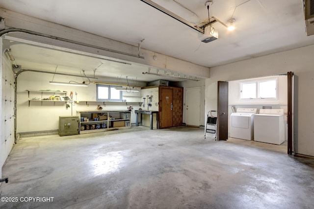13120 Saunders Rd, Anchorage, AK 99516 - garage with independent washer and dryer, a garage door opener, and a workshop area