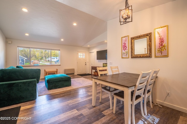 dining area featuring healthy amount of natural light, dark wood finished floors, baseboards, a chandelier, and recessed lighting