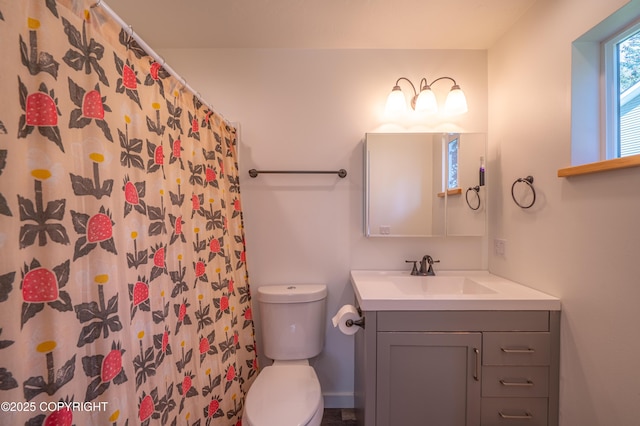 bathroom featuring toilet, vanity, and a shower with curtain
