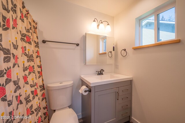 full bathroom with toilet, vanity, and a shower with curtain