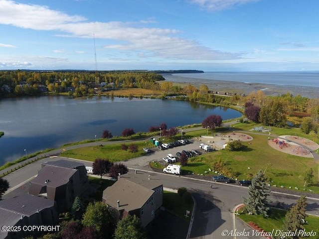 birds eye view of property with a water view