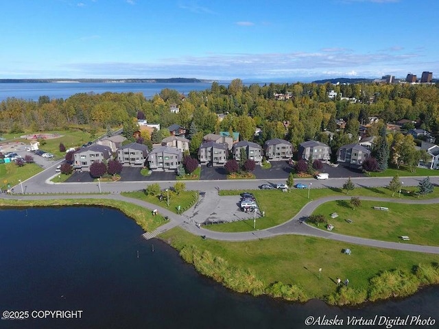 bird's eye view with a water view and a residential view