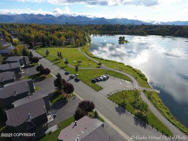 aerial view featuring a water and mountain view and a wooded view
