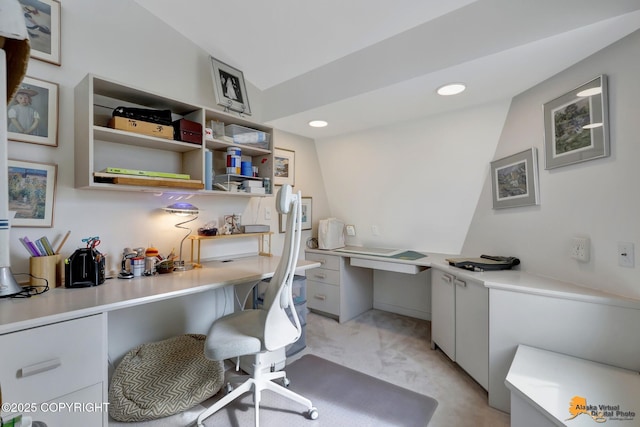 office with recessed lighting and lofted ceiling