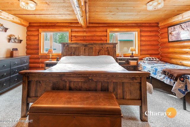 bedroom with wooden ceiling, carpet flooring, and log walls