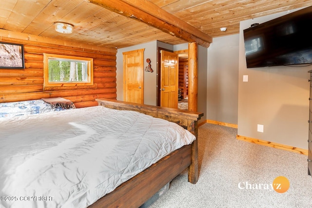 carpeted bedroom featuring wooden ceiling, baseboards, log walls, and beam ceiling