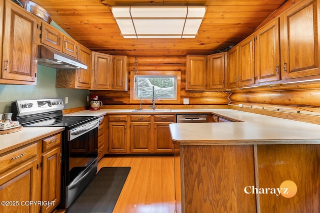 kitchen featuring light wood-style floors, under cabinet range hood, light countertops, a sink, and stainless steel appliances