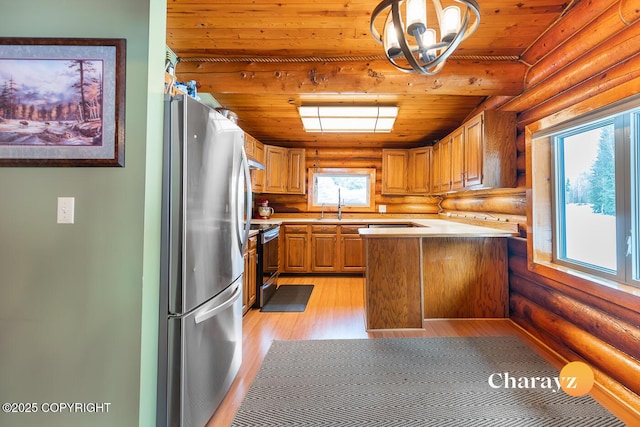 kitchen with log walls, range with electric stovetop, freestanding refrigerator, a peninsula, and wood ceiling