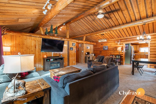 carpeted living area featuring rustic walls, wooden ceiling, lofted ceiling with beams, and rail lighting