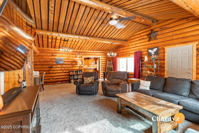 carpeted living room featuring vaulted ceiling with beams, rustic walls, an inviting chandelier, and wood ceiling