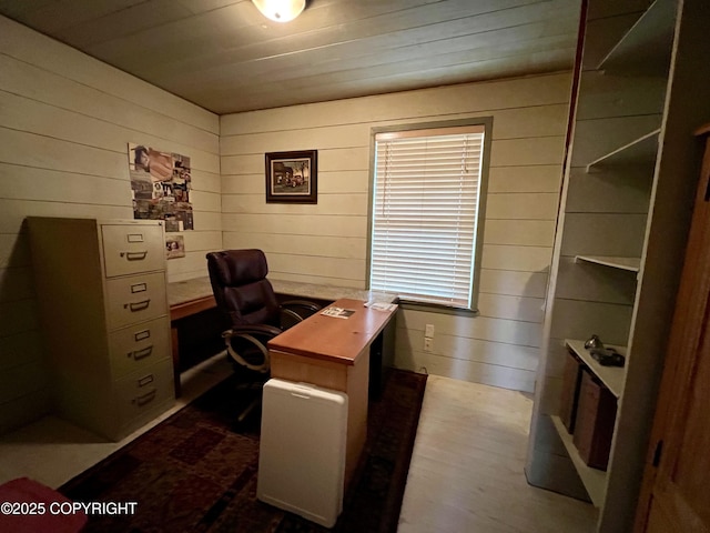 30258 Hook Ln, Soldotna, AK 99669 - home office with wood walls, wooden ceiling, and dark wood-type flooring