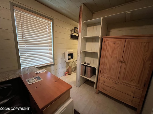 30258 Hook Ln, Soldotna, AK 99669 - office area with heating unit, wood walls, light wood-type flooring, and wooden ceiling