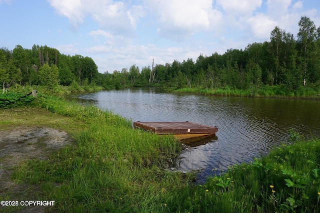 water view with a floating dock and a view of trees