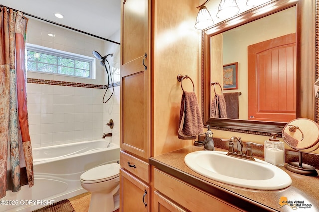 49635 S Hunter Dr, Willow, AK 99688 - full bathroom featuring shower / bath combination with curtain, toilet, and vanity