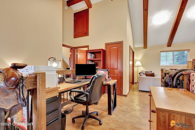49635 S Hunter Dr, Willow, AK 99688 - office space with beam ceiling, light wood-type flooring, and high vaulted ceiling