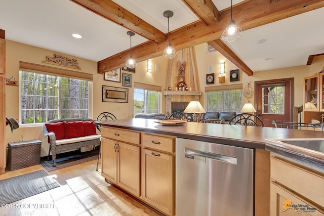 49635 S Hunter Dr, Willow, AK 99688 - kitchen with dishwasher, dark countertops, beam ceiling, decorative light fixtures, and open floor plan
